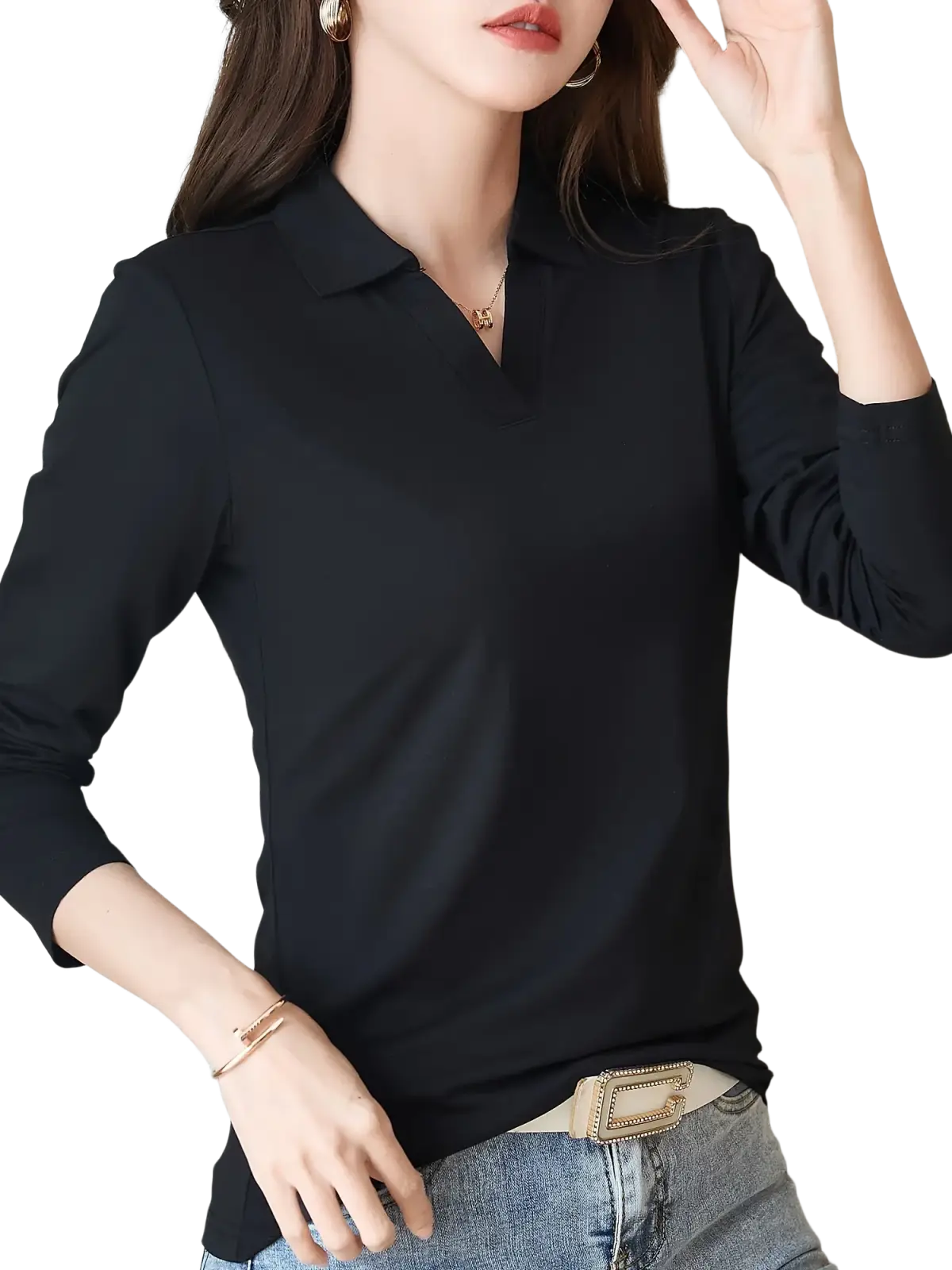 Black long sleeve knit polo shirt for women made of smooth lightweight fabric with subtle sheen