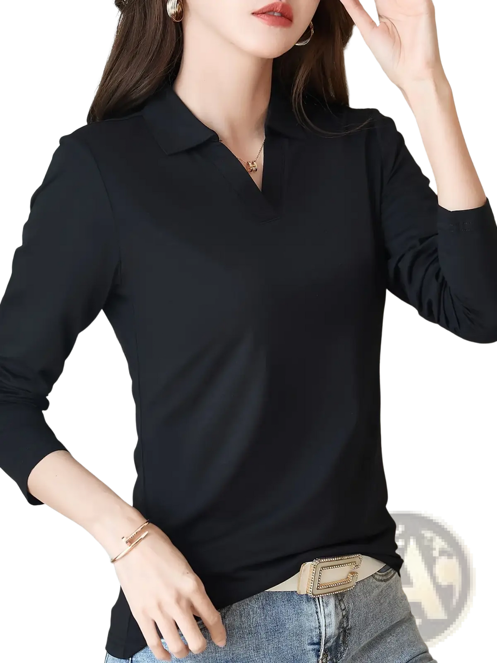 Black long sleeve knit polo shirt for women made of smooth lightweight fabric with subtle sheen
