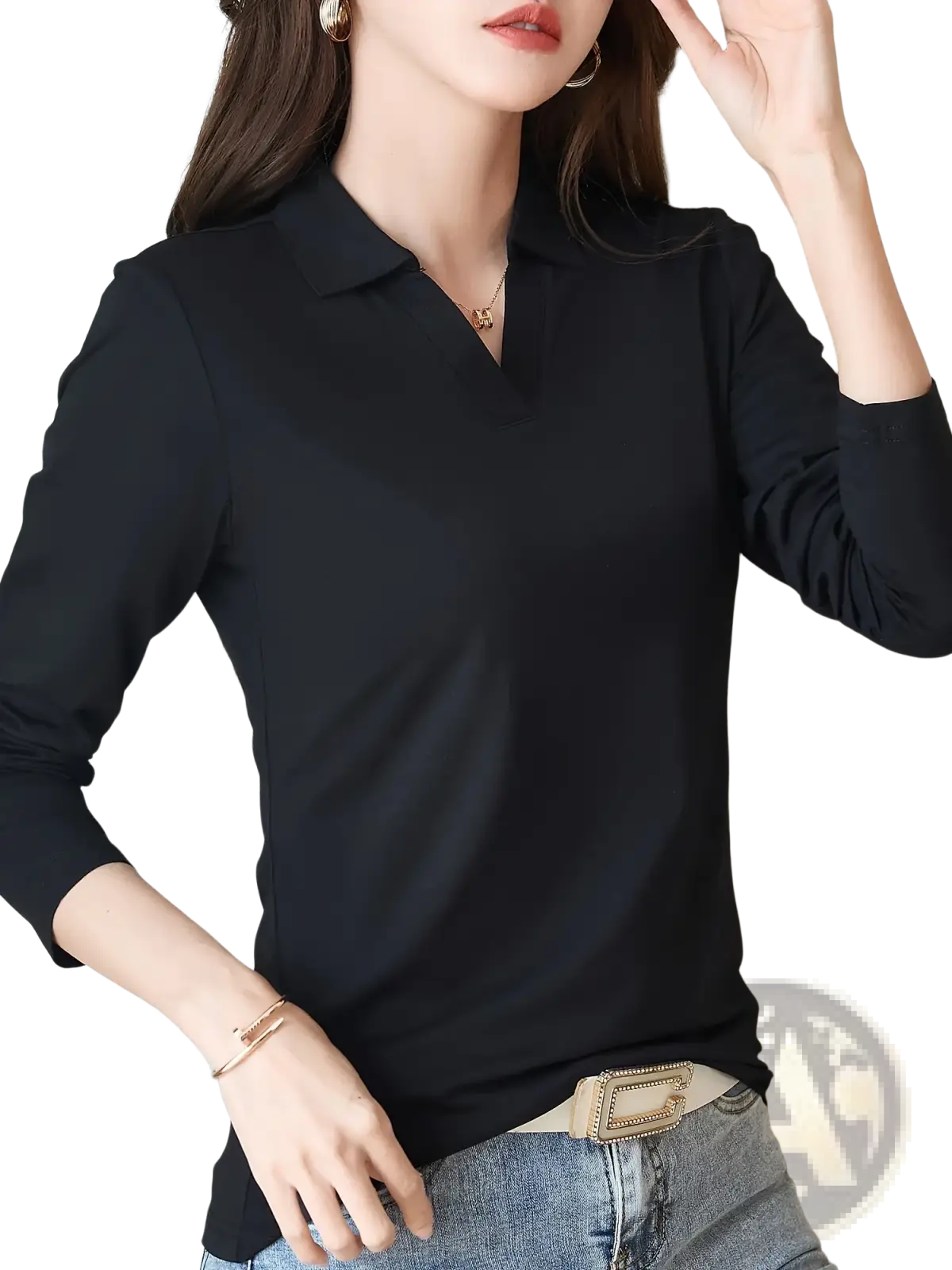 Black long sleeve knit polo shirt for women made of smooth lightweight fabric with subtle sheen