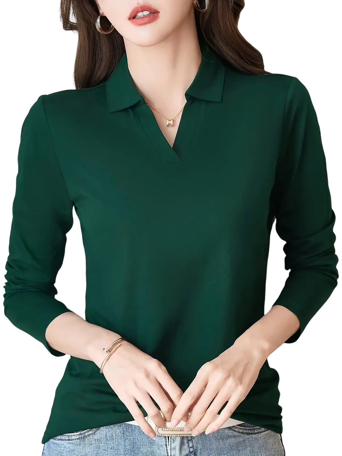 Deep green long sleeve knit polo shirt for women with soft smooth fabric and classic collar design