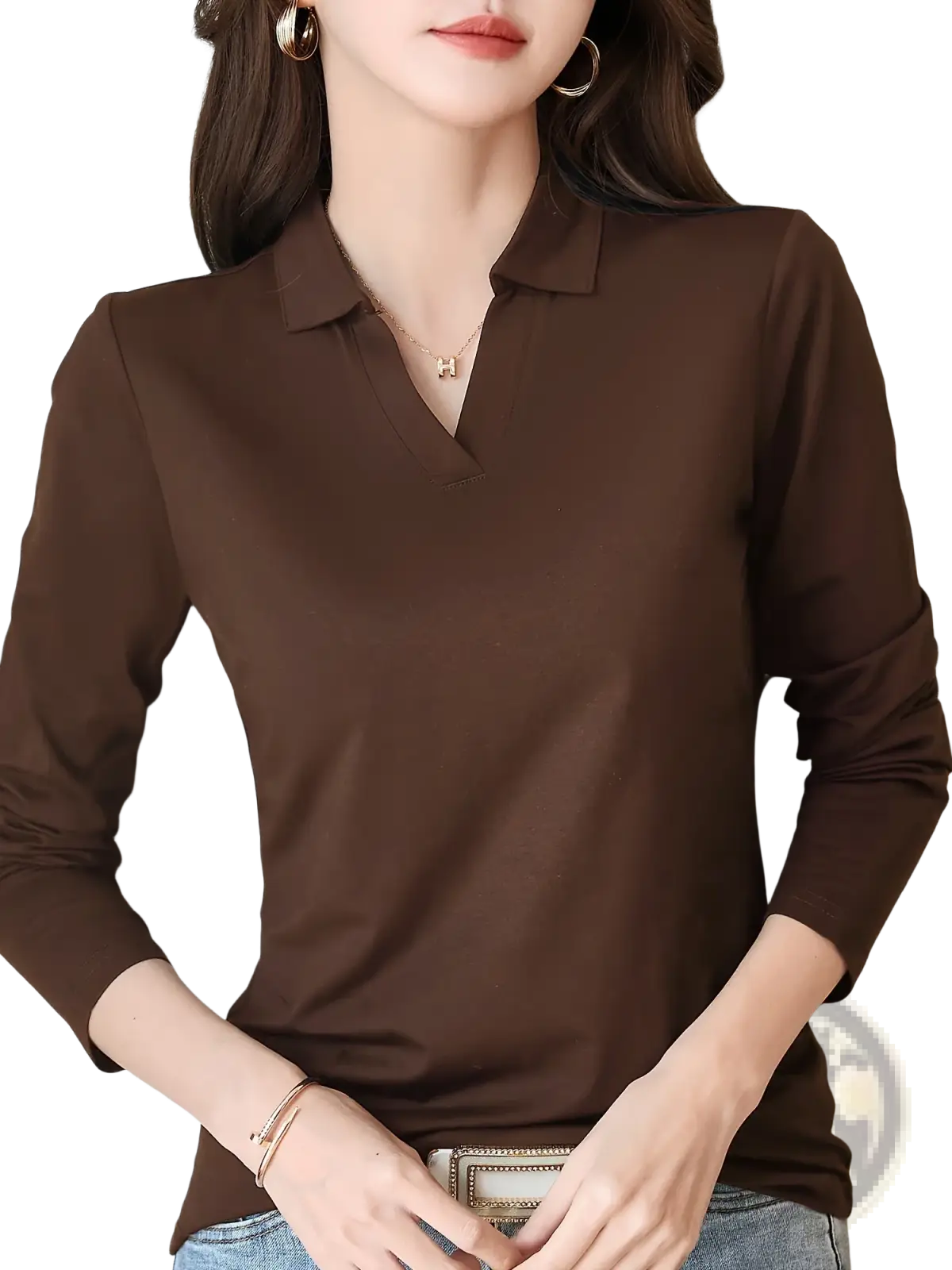 Long sleeve knit polo shirt women in sleek brown with a subtle sheen and classic collar for stylish comfort