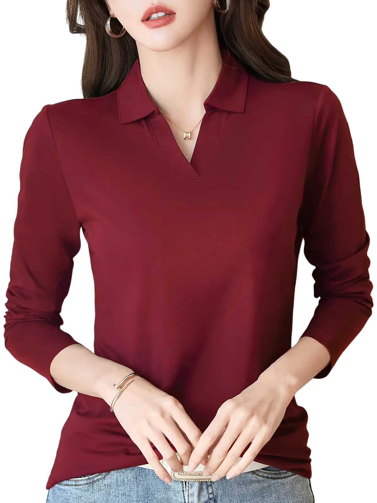 Long sleeve knit polo shirt for women in sleek maroon with classic collar and subtle sheen