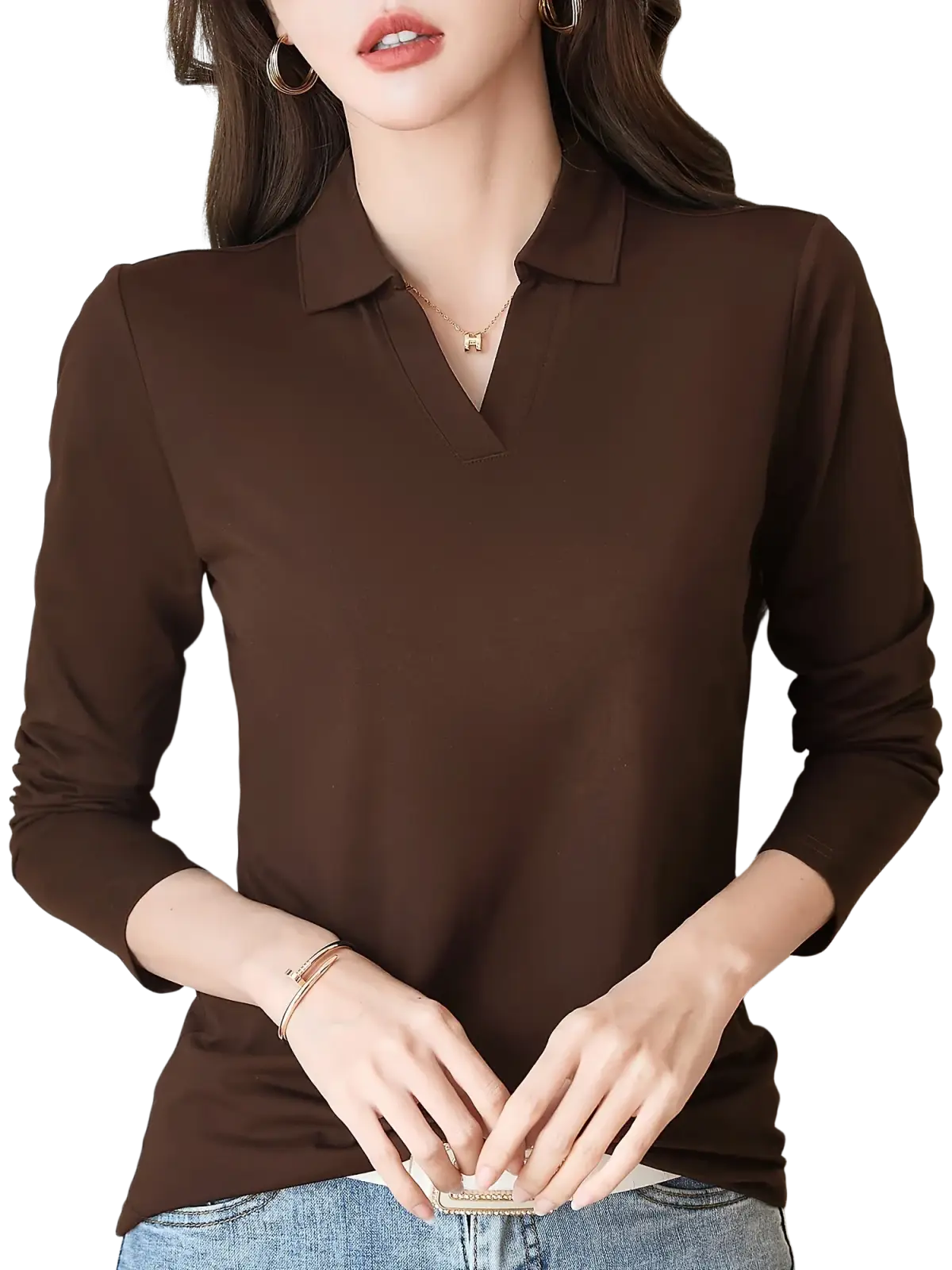 Long sleeve knit polo shirt women solid brown with subtle sheen classic collar and sleek design