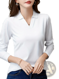 White long sleeve knit polo shirt for women with a smooth lightweight fabric and subtle sheen collar blouse design