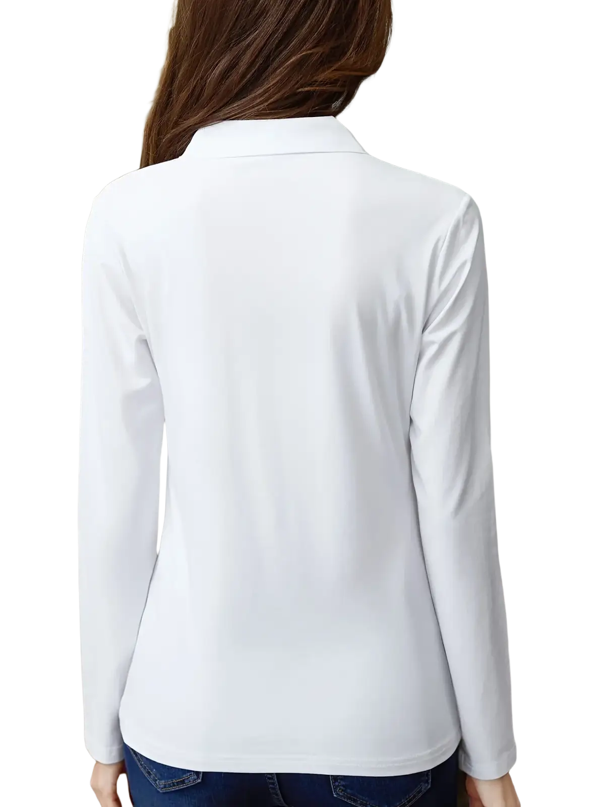 White long sleeve knit polo shirt for women with classic collar and smooth lightweight fabric