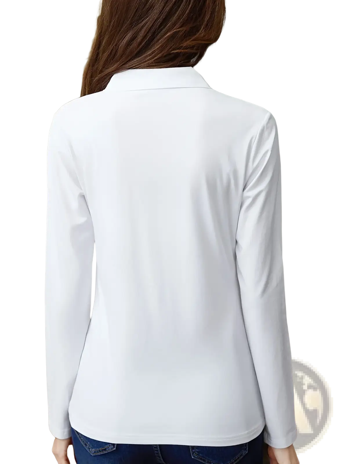 White long sleeve knit polo shirt for women with classic collar and smooth lightweight fabric