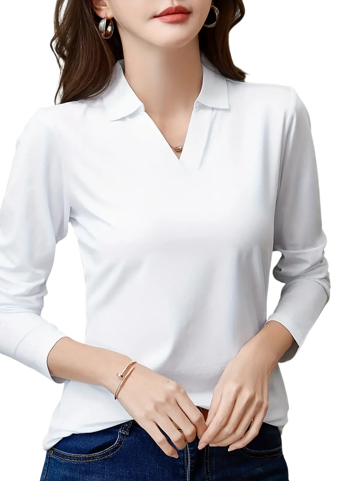 White long sleeve knit polo shirt for women with a smooth lightweight fabric and subtle sheen collar blouse design
