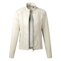 Women’s cropped cream-colored faux leather moto jacket with subtle stitched detailing and cozy gray fleece lining