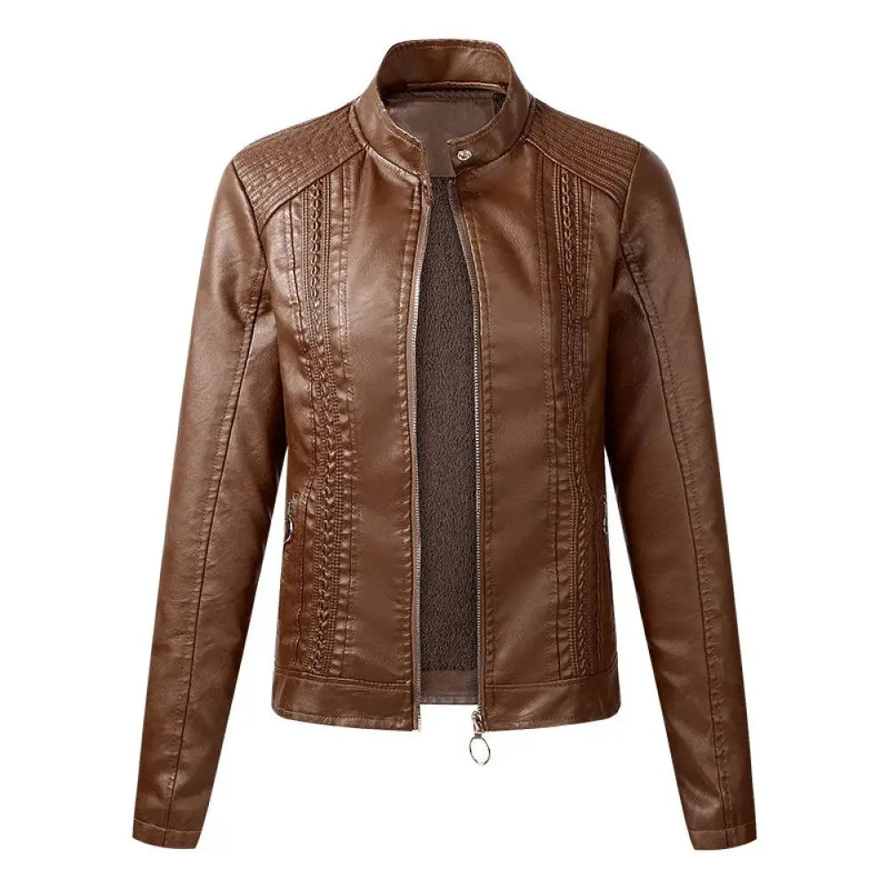 Women’s cropped brown faux leather moto jacket with stitched panel detailing and fleece lining visible from the back side