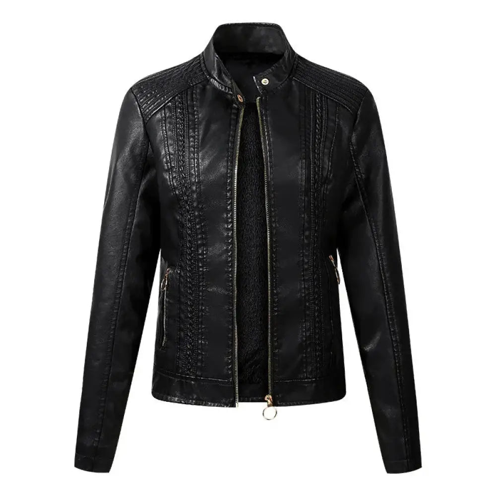 Women’s cropped black faux leather moto jacket with fleece lining textured stitching and gold-toned zipper accents