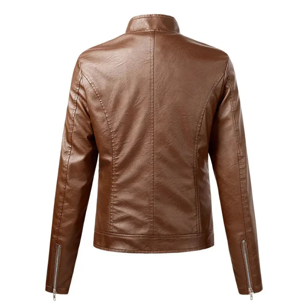 Brown cropped women’s faux leather moto jacket with high collar and zipper details on fleece lining sleeves