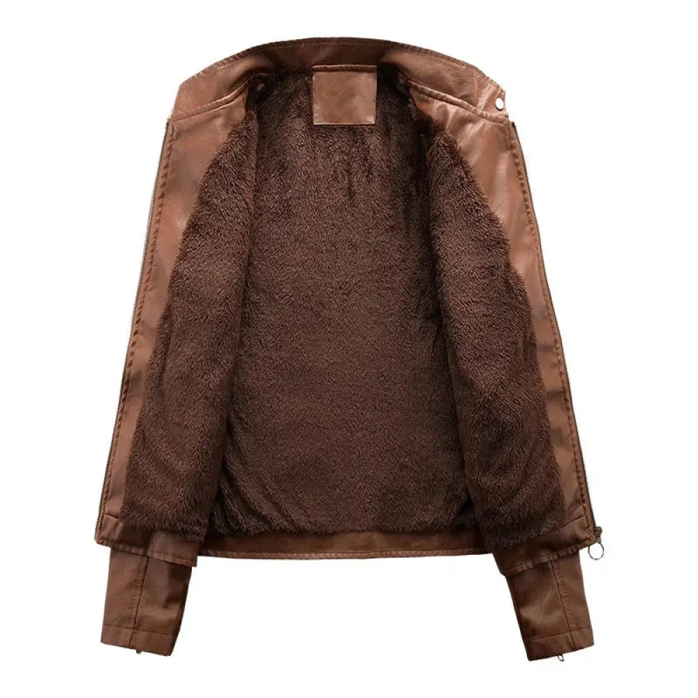 Women’s cropped brown faux leather moto jacket with plush dark brown fleece lining for added warmth