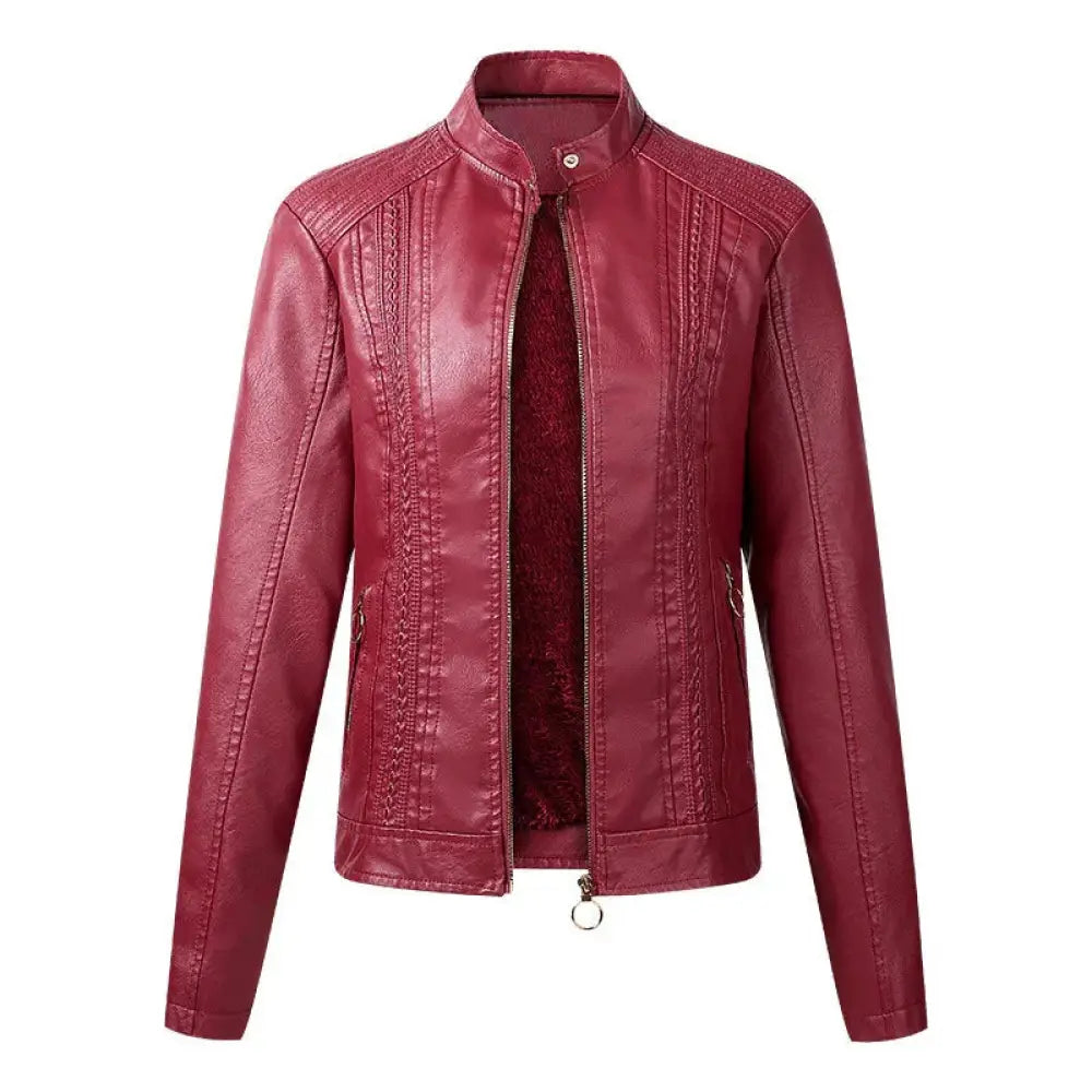 Women’s cropped burgundy faux leather moto jacket with quilted front panel ribbed shoulder detailing and fleece lining