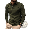 Olive green long sleeve polo shirt with buttoned placket and chest pocket for casual sportswear use