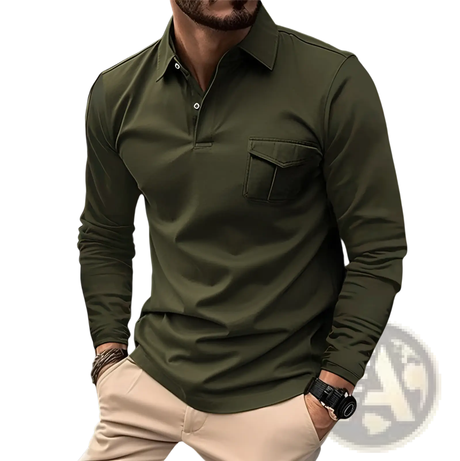 Olive green long sleeve polo shirt with buttoned placket and chest pocket for casual sportswear use