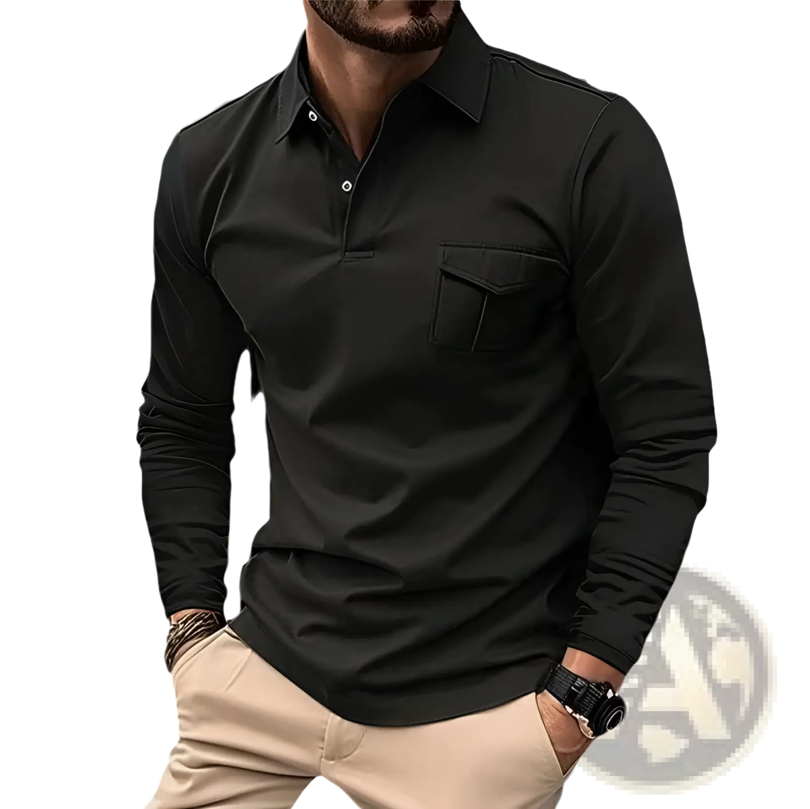 Black long sleeve polo shirt with buttoned collar and chest pocket ideal for casual sportswear