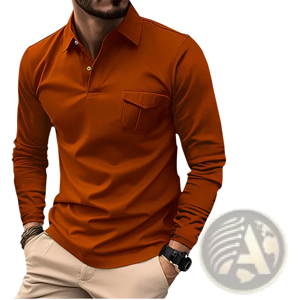 A men’s long sleeve polo shirt in rust orange with classic collar and chest pocket flap for casual sportswear