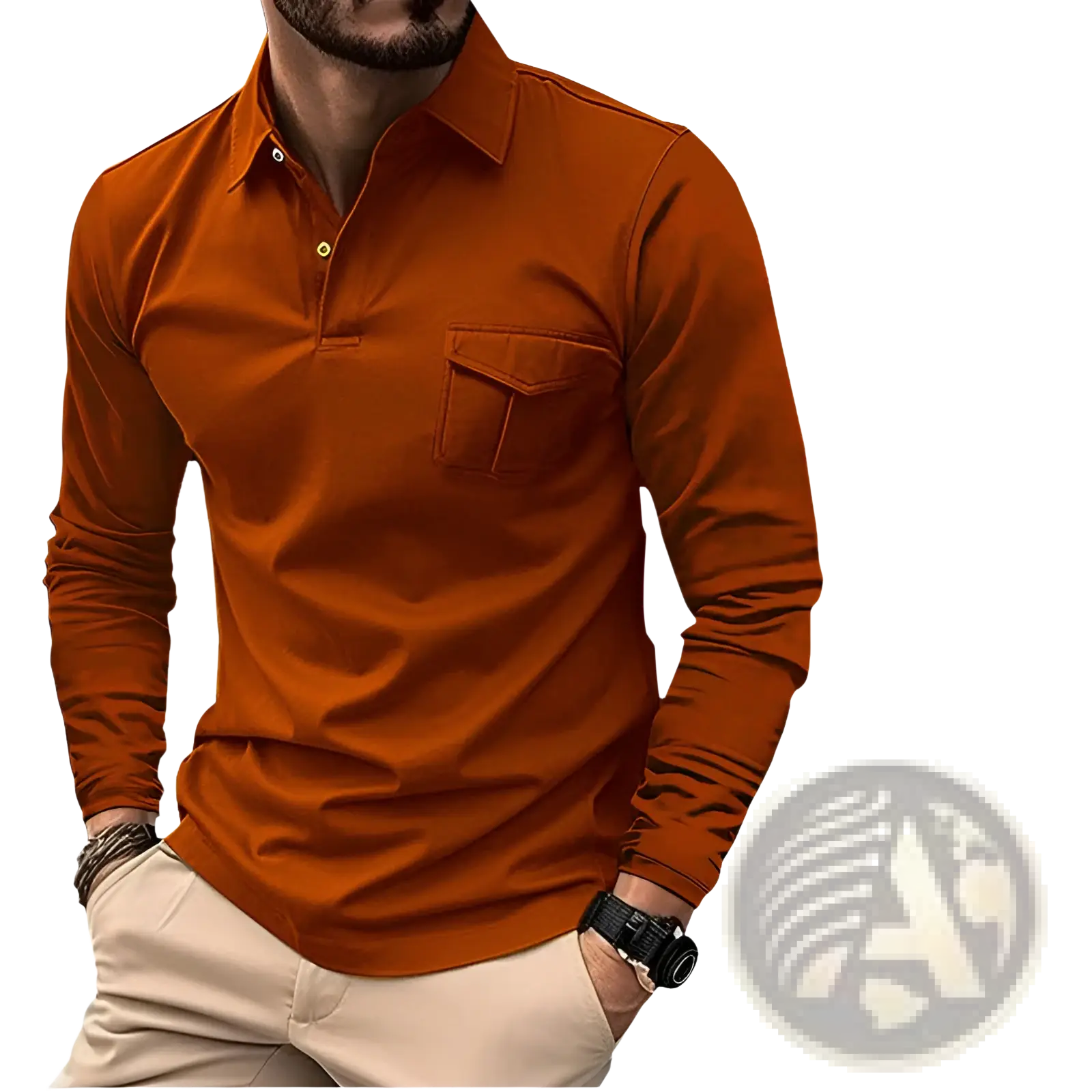 A men’s long sleeve polo shirt in rust orange with classic collar and chest pocket flap for casual sportswear
