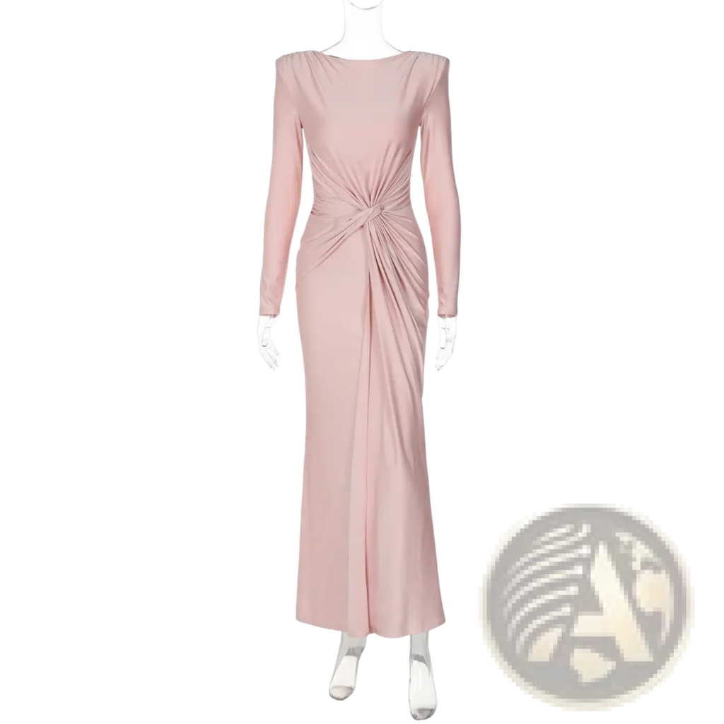 A soft pink long sleeve ruched bodycon evening maxi dress with draped knot detail at the waist