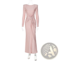 A soft pink long sleeve ruched bodycon evening maxi dress with draped knot detail at the waist