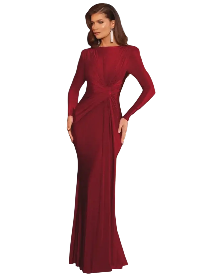 A sleek deep red long sleeve ruched bodycon evening maxi dress with cinched waist detail