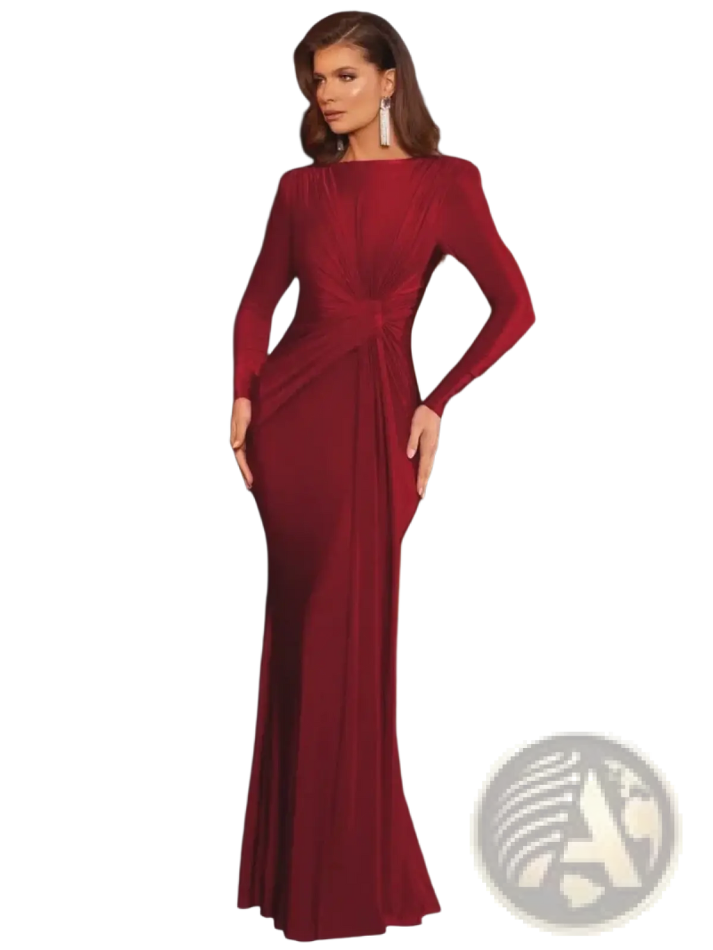 A sleek deep red long sleeve ruched bodycon evening maxi dress with cinched waist detail