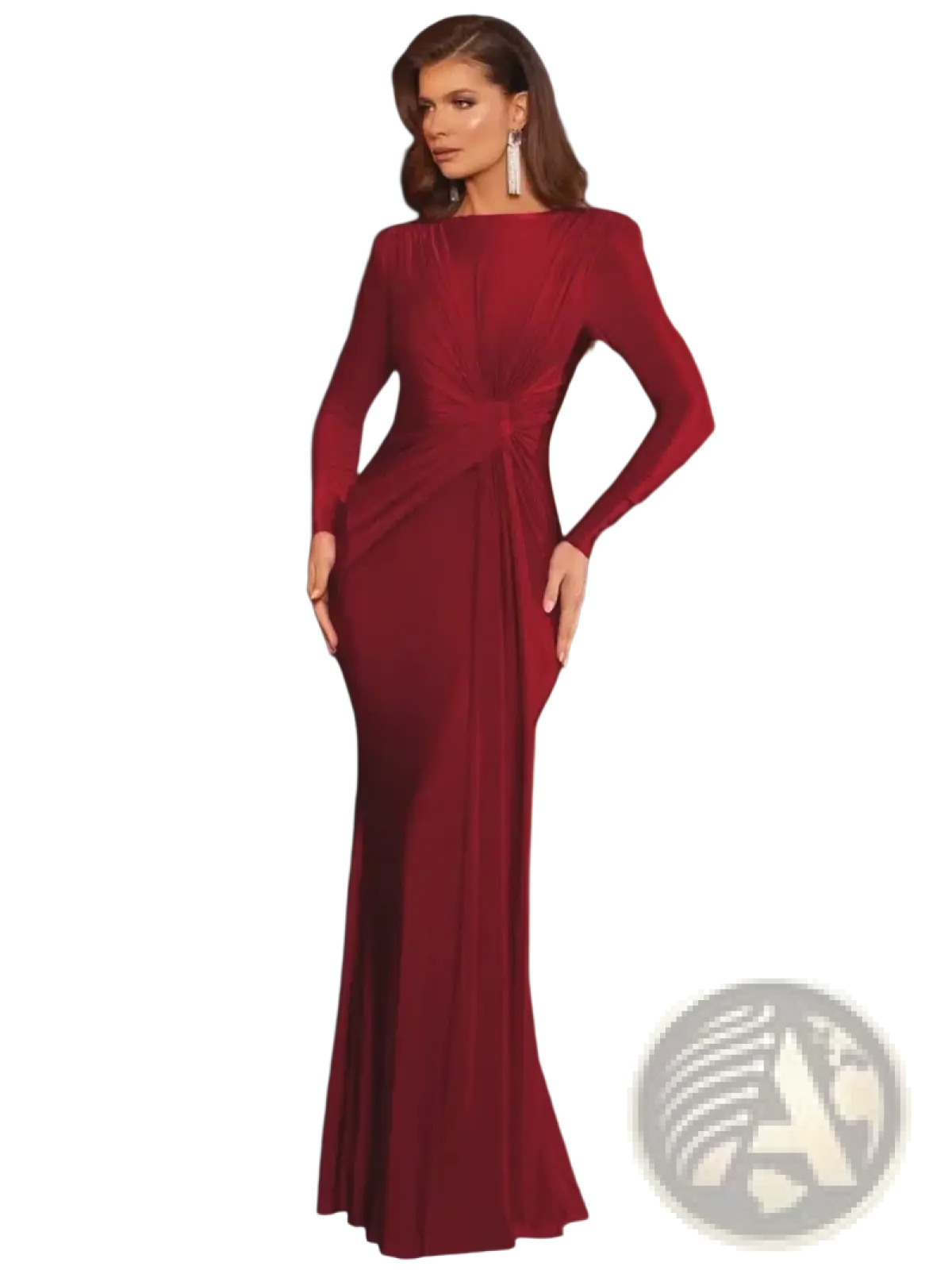 A sleek deep red long sleeve ruched bodycon evening maxi dress with cinched waist detail