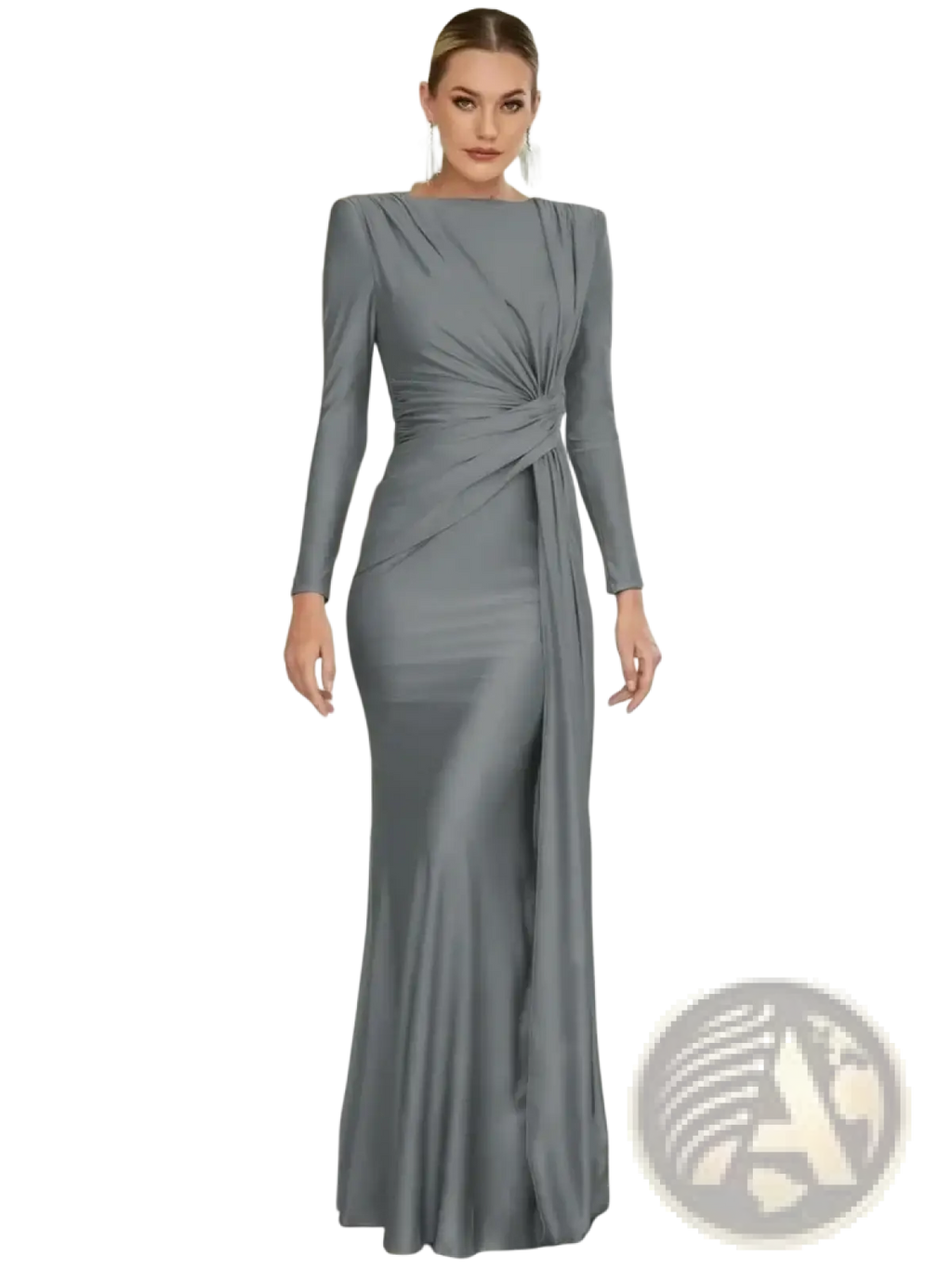 Long sleeve ruched bodycon evening maxi dress in sleek gray satin with a draped front and fitted silhouette