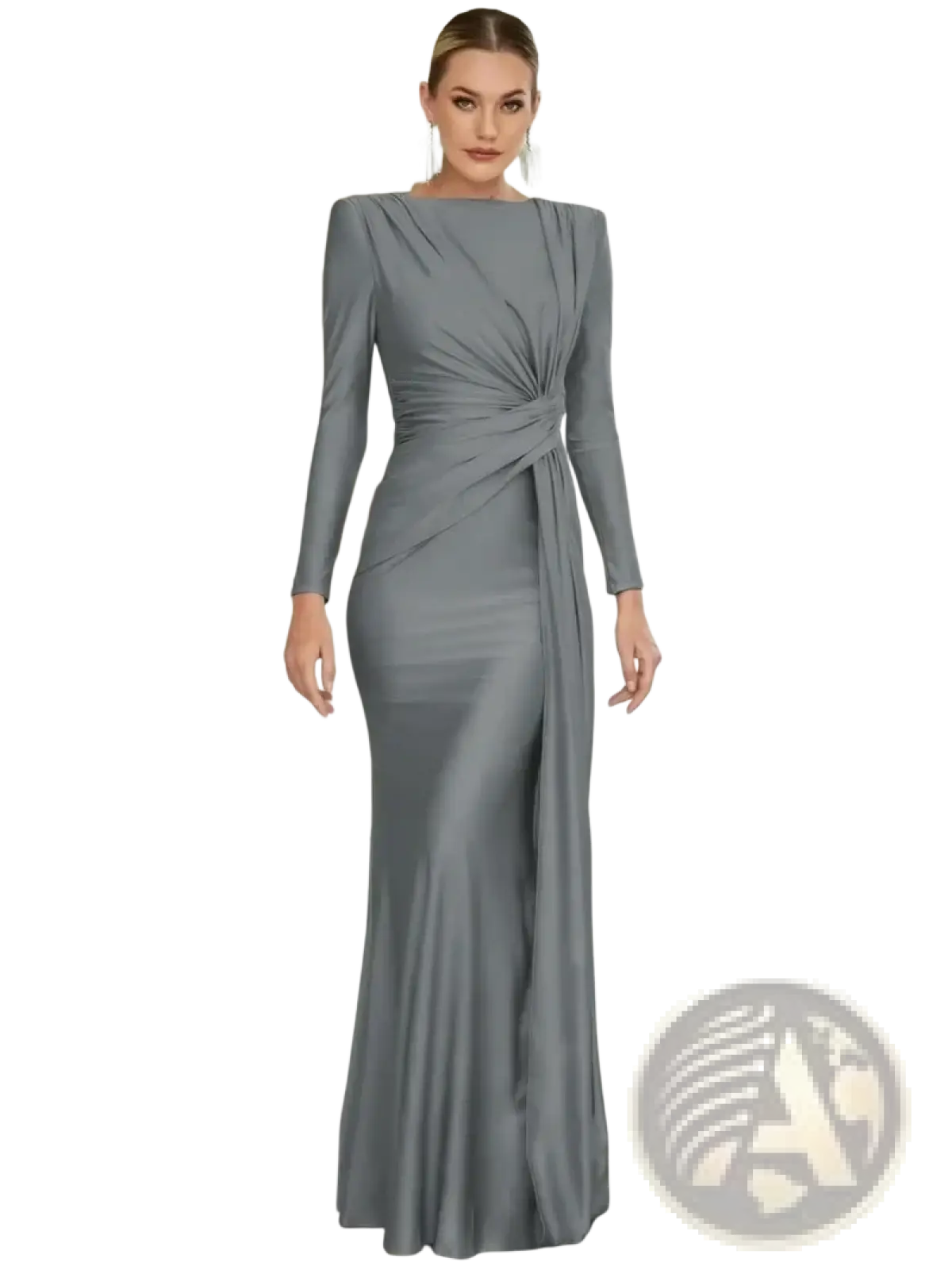 Long sleeve ruched bodycon evening maxi dress in sleek gray satin with a draped front and fitted silhouette