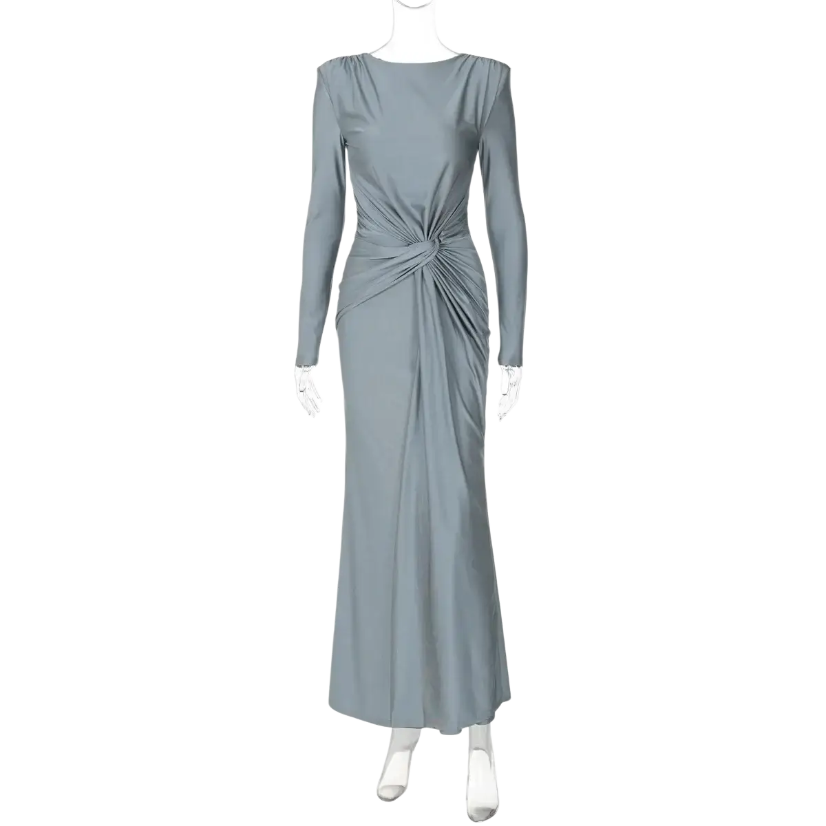 Long sleeve ruched bodycon evening maxi dress in sleek gray satin with a flattering twisted waist detail