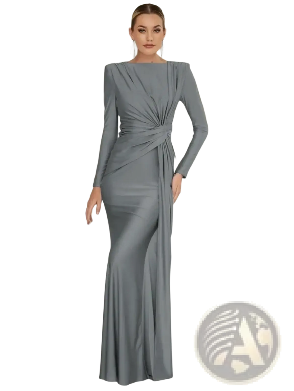 A long sleeve ruched bodycon evening maxi dress in gray satin with a fitted silhouette and twisted knot waist detail