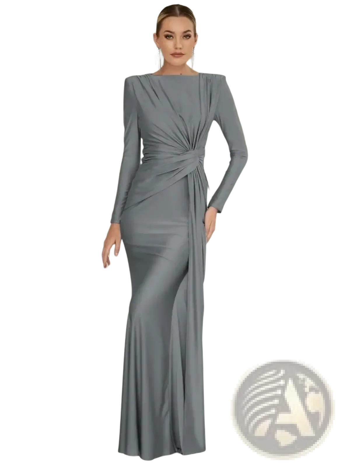 A long sleeve ruched bodycon evening maxi dress in gray satin with a fitted silhouette and twisted knot waist detail