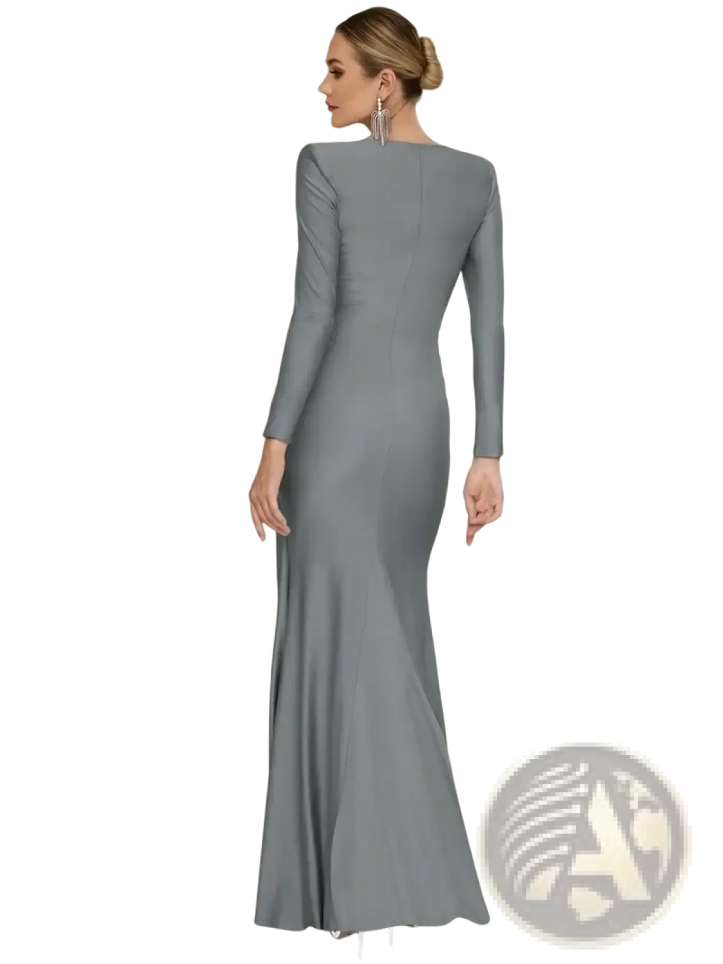A sleek gray long sleeve ruched bodycon evening maxi dress with a fitted bodice and flowing mermaid skirt