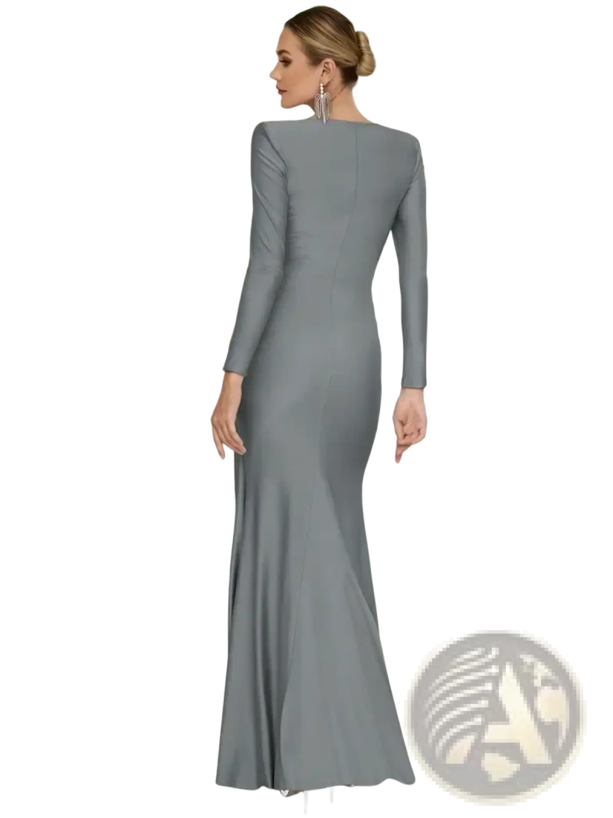 A sleek gray long sleeve ruched bodycon evening maxi dress with a fitted bodice and flowing mermaid skirt