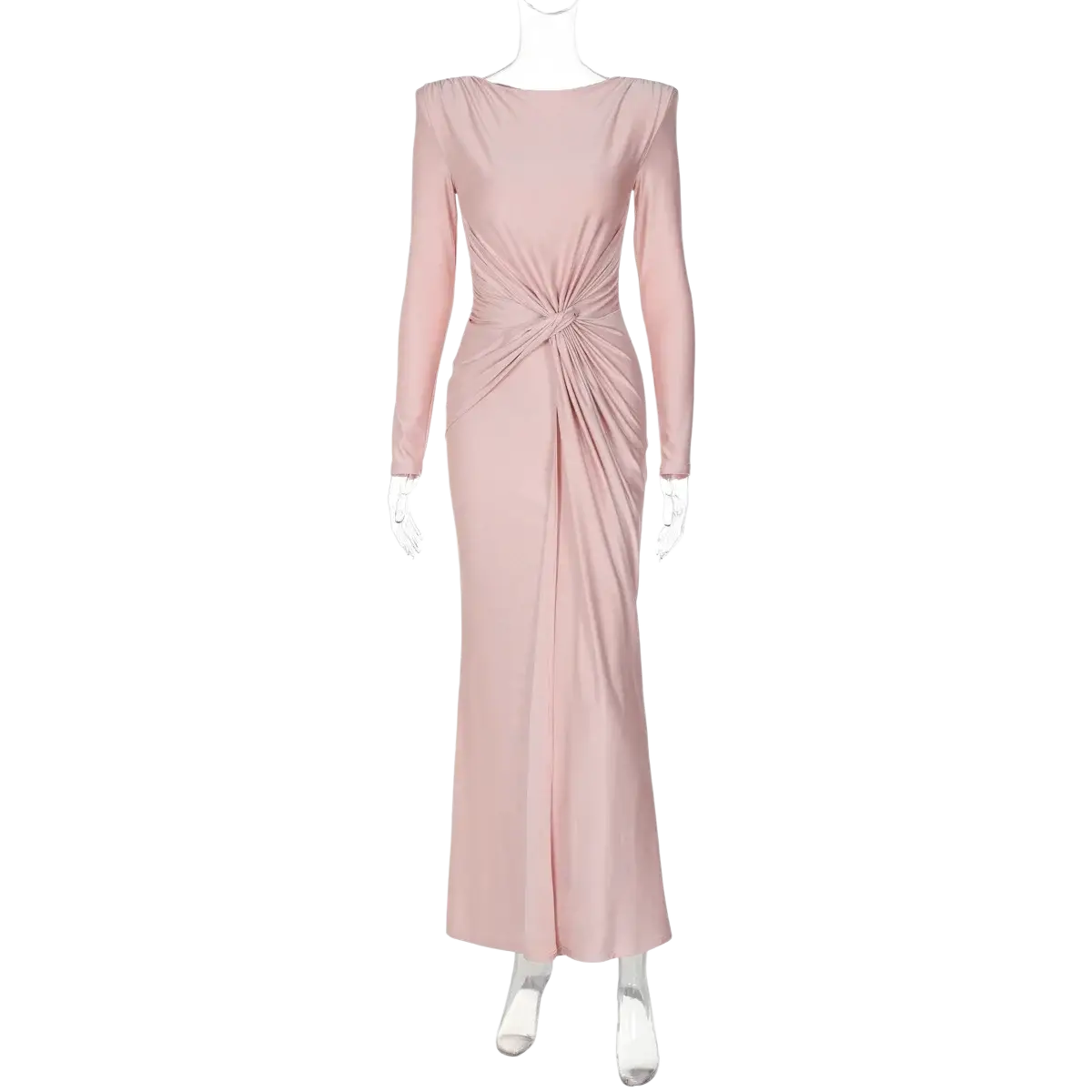 A soft pink long sleeve ruched bodycon evening maxi dress with draped knot detail at the waist