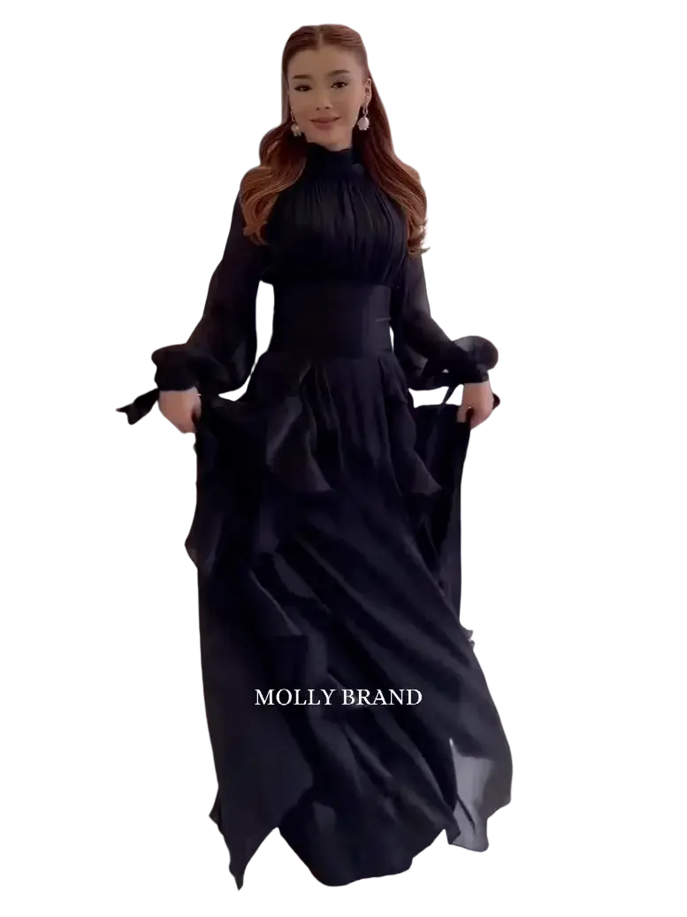 Black flowing satin maxi evening dress with high neckline and voluminous sleeves by molly brand