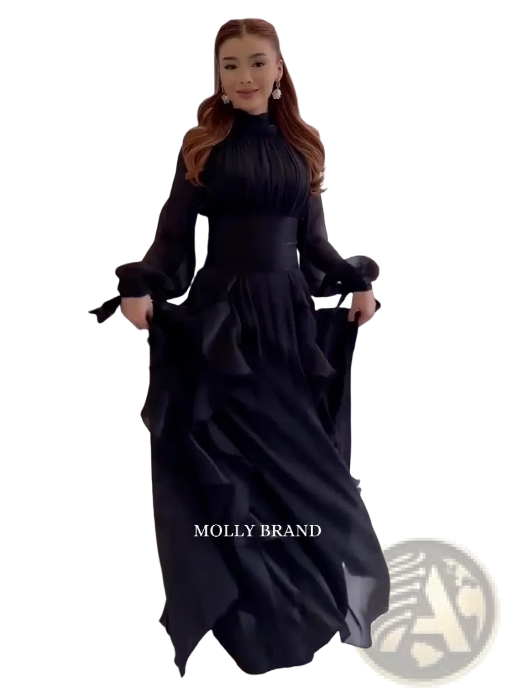 Black flowing satin maxi evening dress with high neckline and voluminous sleeves by molly brand