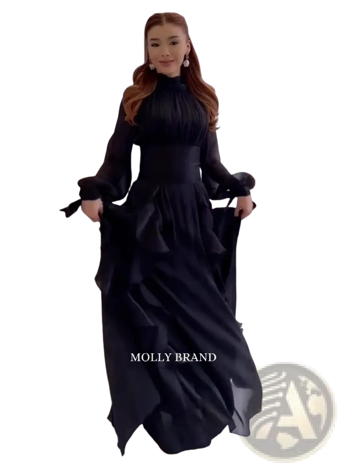 Black flowing satin maxi evening dress with high neckline and voluminous sleeves by molly brand