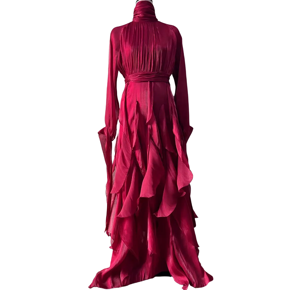 Long sleeve satin evening dress in deep red with a high neckline and flowing silhouette