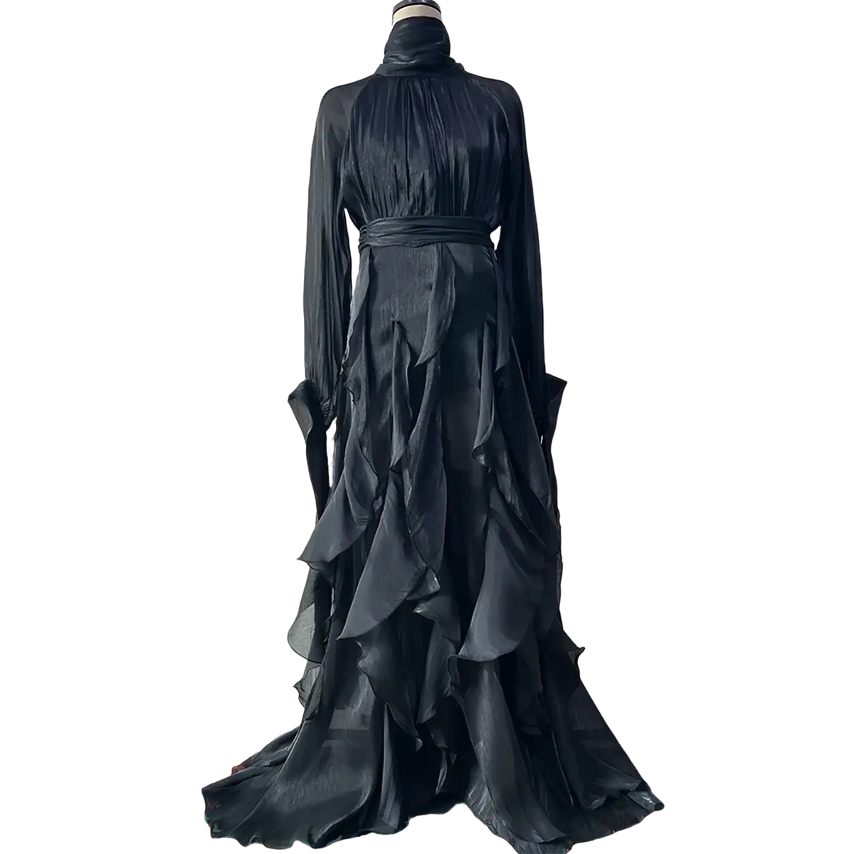 Elegant long sleeve black satin evening dress with cascading ruffles and a high neckline for formal occasions