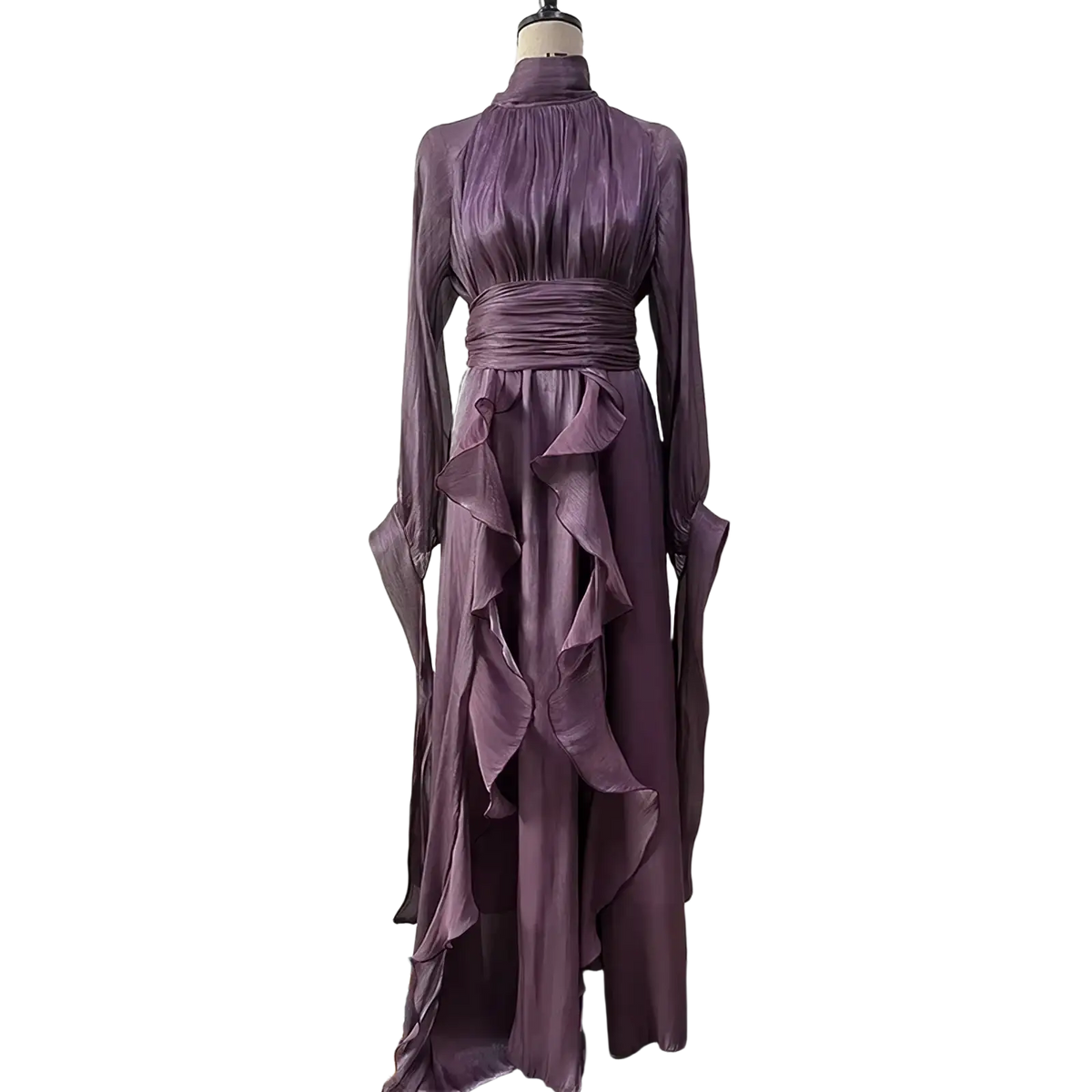 Elegant long sleeve satin evening dress in purple with ruffled layers and a high neckline