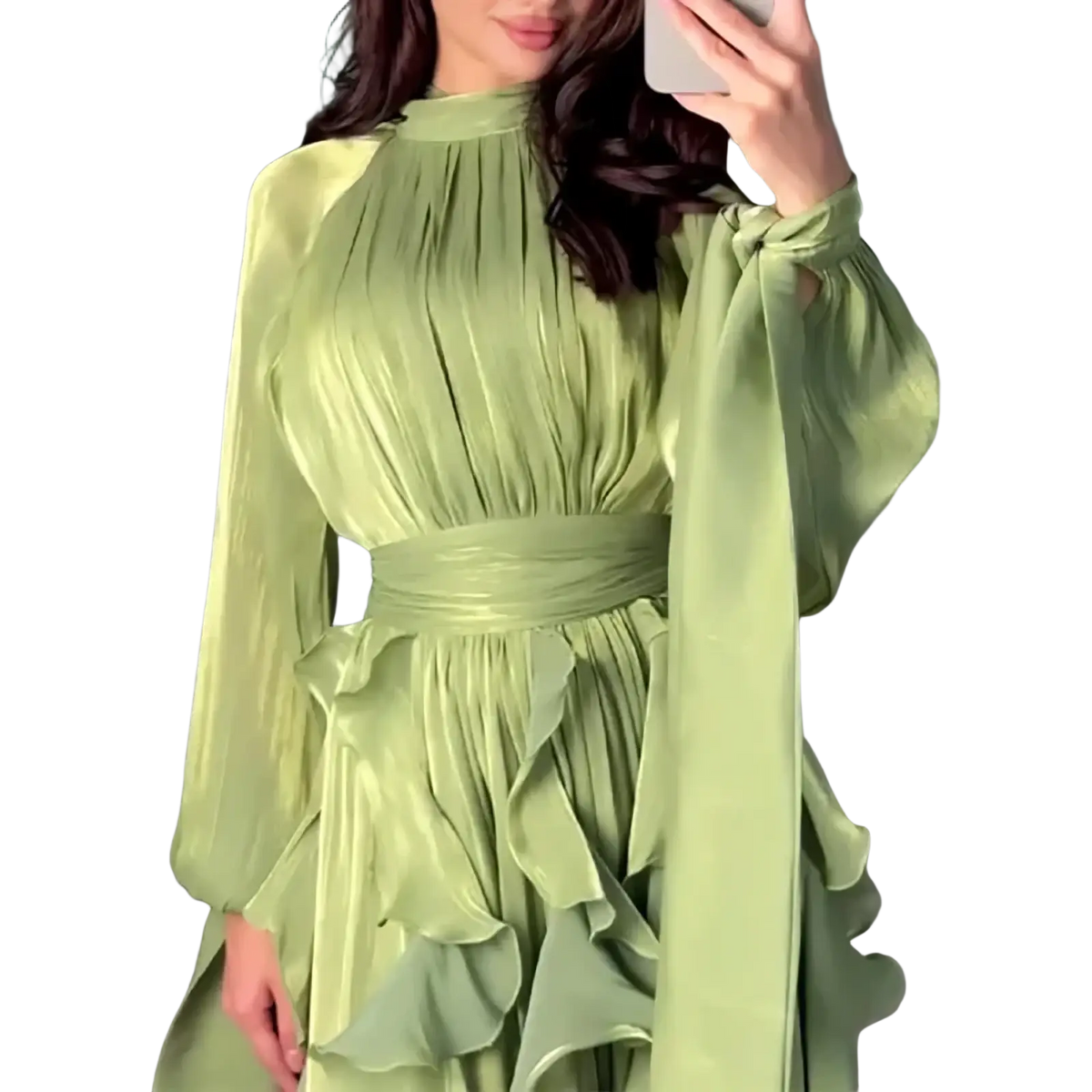 A flowing sage green satin long sleeve evening dress with a high neckline and layered ruffles accentuating the waist