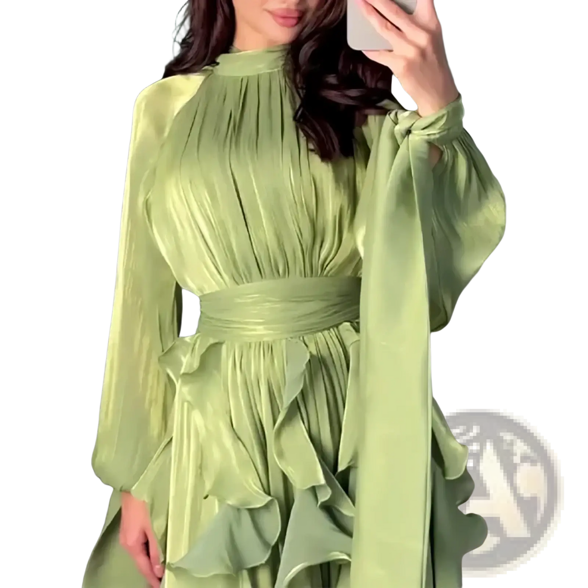 A flowing sage green satin long sleeve evening dress with a high neckline and layered ruffles accentuating the waist