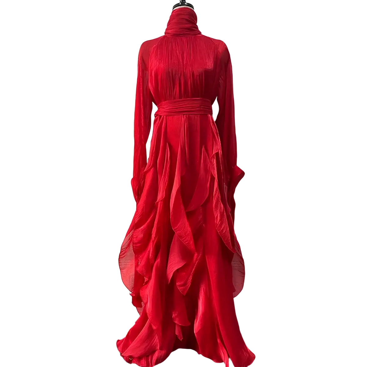 A flowing vibrant red long sleeve satin evening dress with a high neckline and tiered ruffles