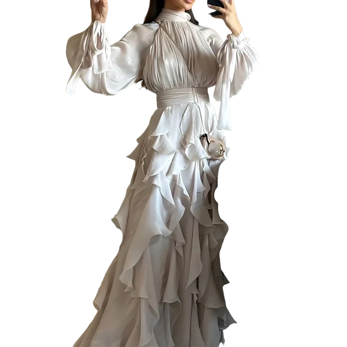 Long sleeve satin evening dress in off-white featuring voluminous sleeves and a tiered ruffle skirt