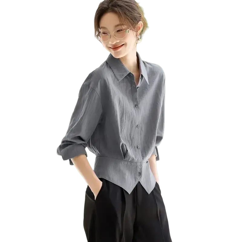 Gray long sleeve shirt with subtle fine stripes and tailored waistline slim fit office blouse for women