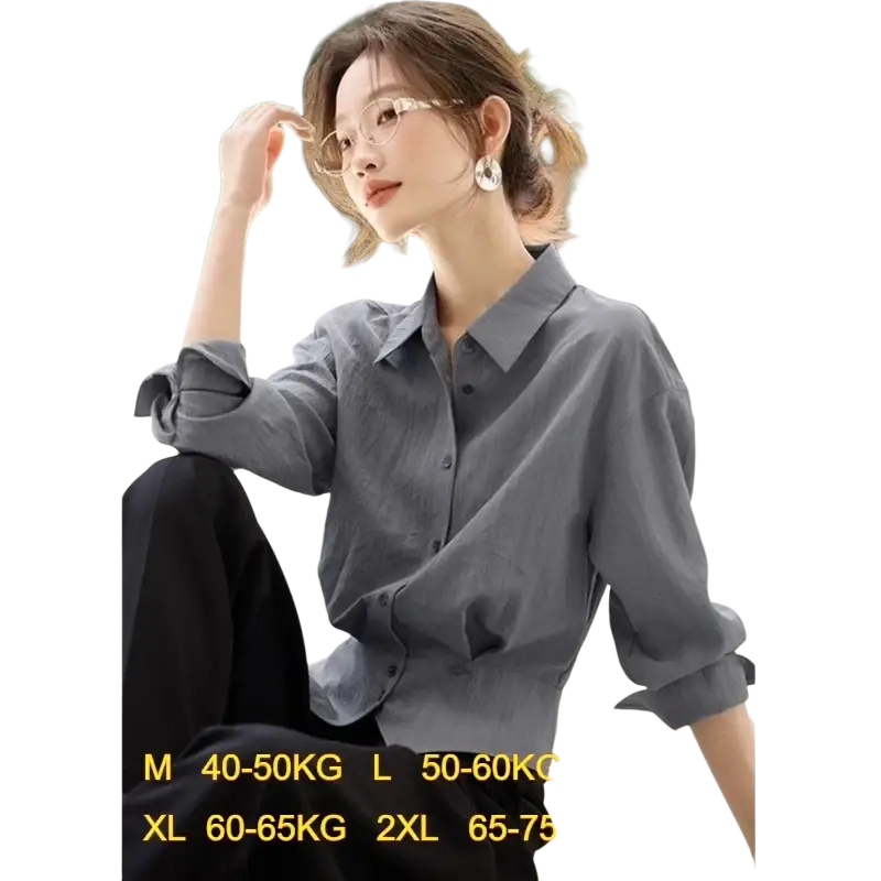 Gray long sleeve shirt with rolled sleeves and classic collar slim fit office blouse for women