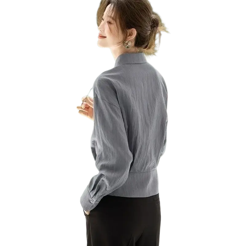 Gray linen long sleeve shirt with high collar slim fit for office wear women