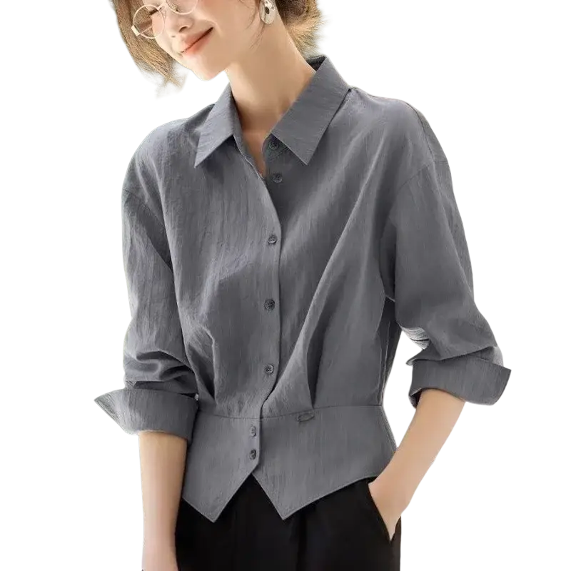Gray linen long sleeve shirt with rolled sleeves and cinched waist slim fit office blouse for women