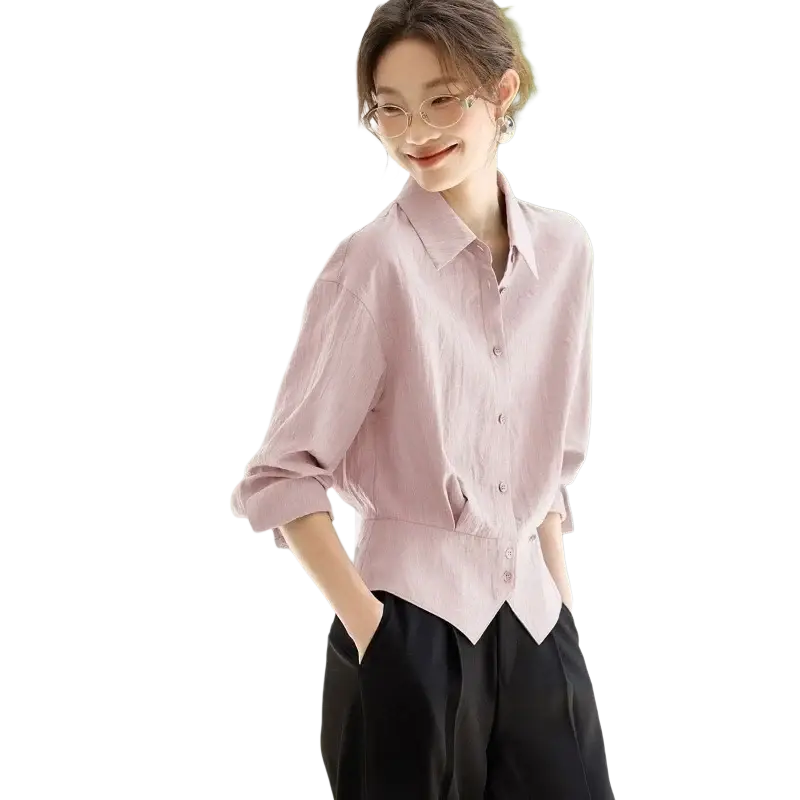 Soft pink long sleeve shirt with relaxed fit and rolled sleeves slim fit office blouse for women